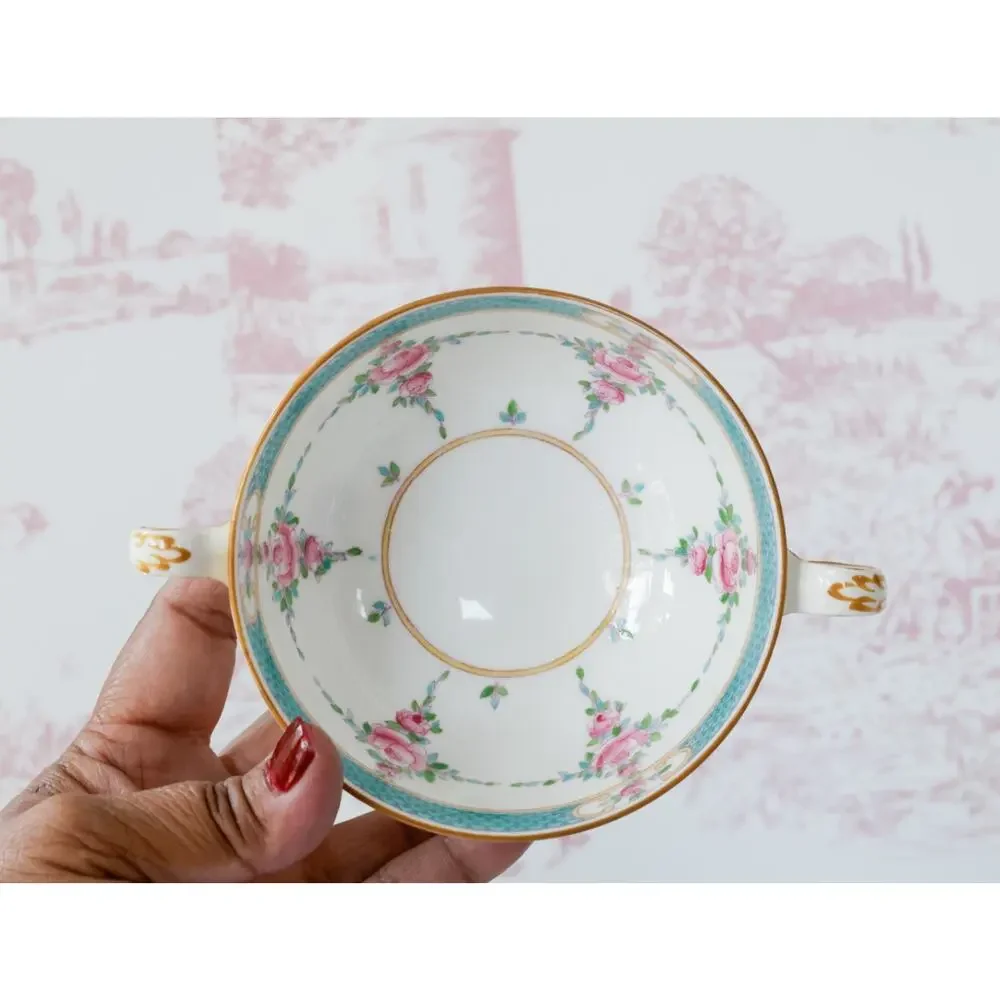Antique Minton Persian Rose Bouillon Cup & Saucer Set of 4 England 1910s Cottage
